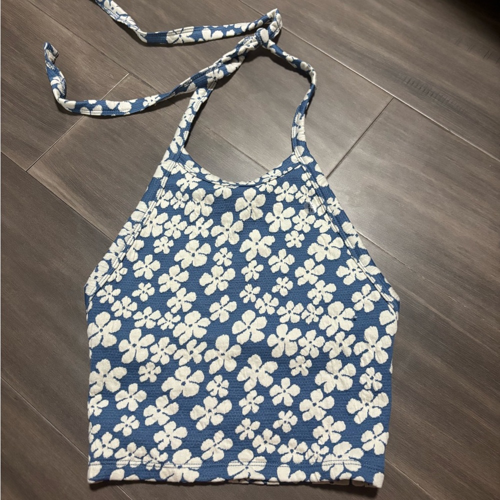 American Eagle Outfitters Floral Halter Tank Top - Blue and White